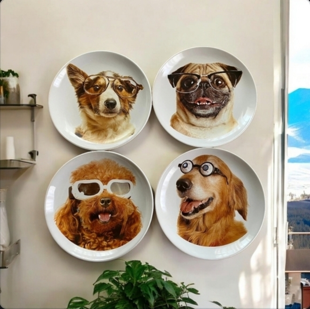 Whimsical Decorative Plates Dogs Wearing Eyeglasses Set of Four‎